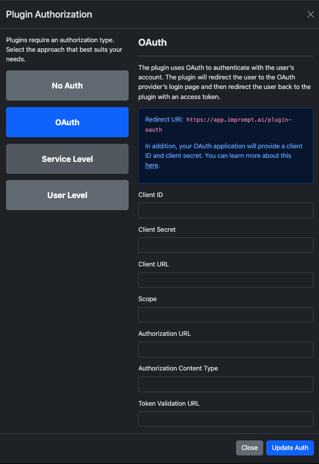 Screenshot of the OAuth modal