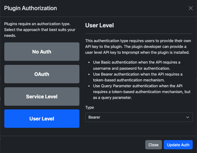 Screenshot of the user auth modal